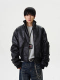 Mauroicardi Spring Autumn Cool Oversized Washed Black Pu Leather Bomber Jacket Men Zip Up Luxury Designer American Style Clothes