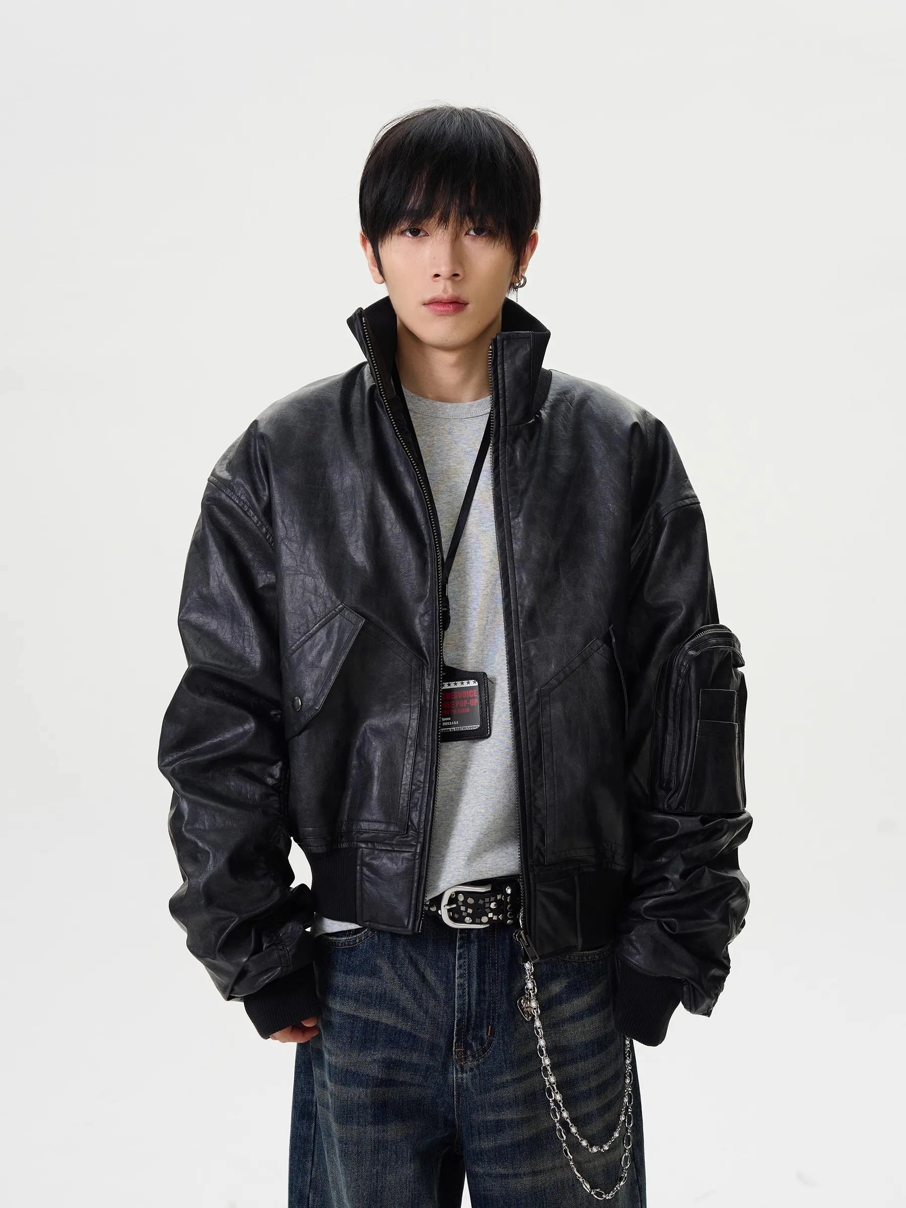 Mauroicardi Spring Autumn Cool Oversized Washed Black Pu Leather Bomber Jacket Men Zip Up Luxury Designer American Style Clothes