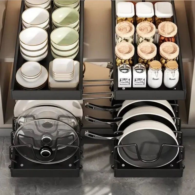 Kitchen Cabinet Pull Out Tray Organizer with Slide Rails Adjustable Storage Rack for Pots Pans and Dishes