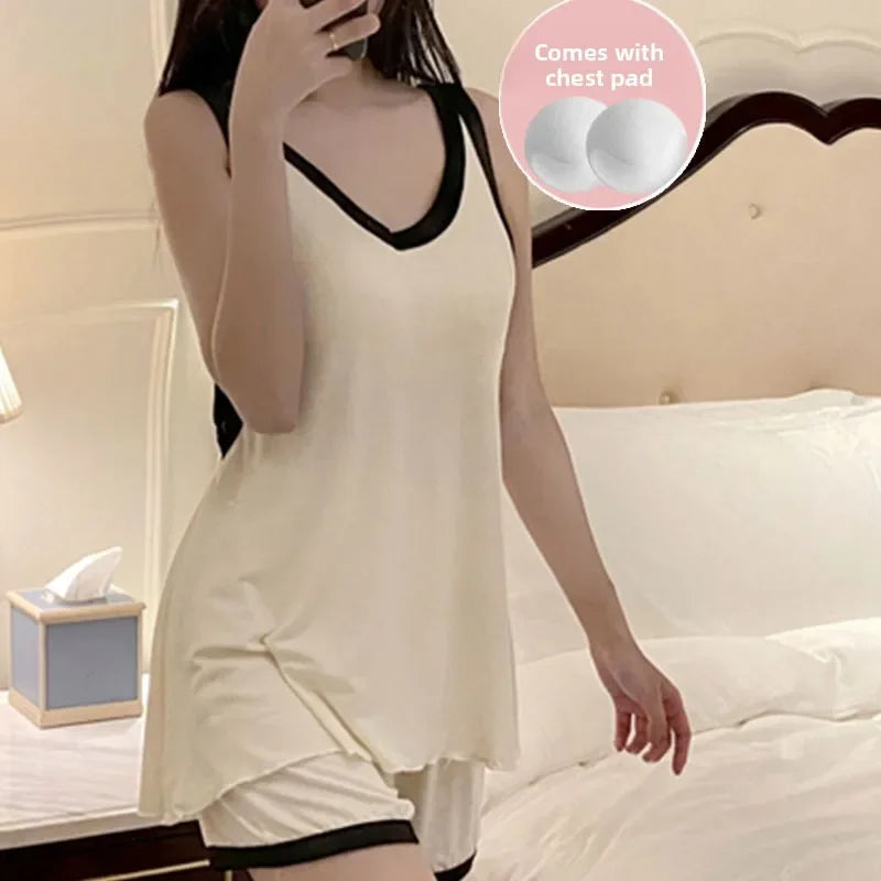 Women Sleeveless Summer Casual 2/pce Set Girls Spaghetti Strap Vest Shorts Outfit Lady Color Blocked Bra Pad Fashion Loungewear