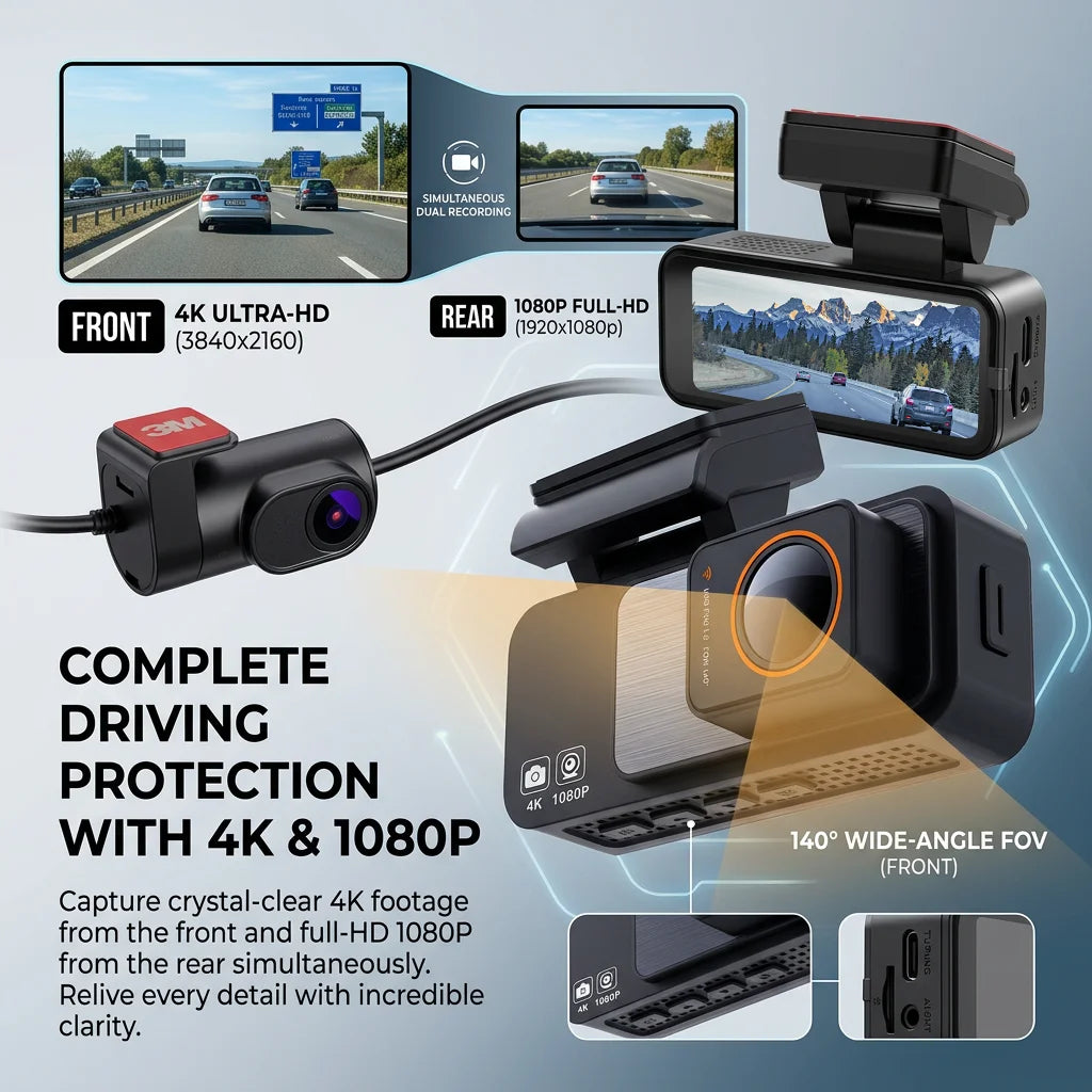 Dash Cam Dual Lens 4K UHD Recording Car DVR GPS WDR Night Vision Video Recorder Wi-Fi Room Black Box 1080P Rear View Camera