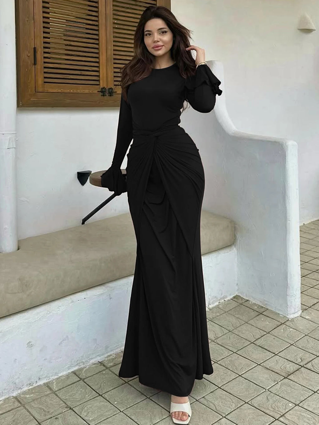 Dulzura O-Neck Long Flare Sleeve Ruched Lace Up Slim Long Dress Women'S Fashion Elegant Clothes Party Club Street Autumn Outfit