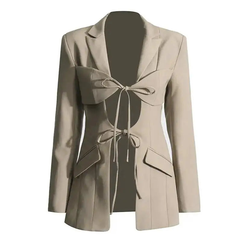 gestring Women Blazer 2025 Spring Fashion Hollow Out Lace Up Sexy Long Sleeve Ladies Black Blazer Coat Women's Slim Suit Jacket
