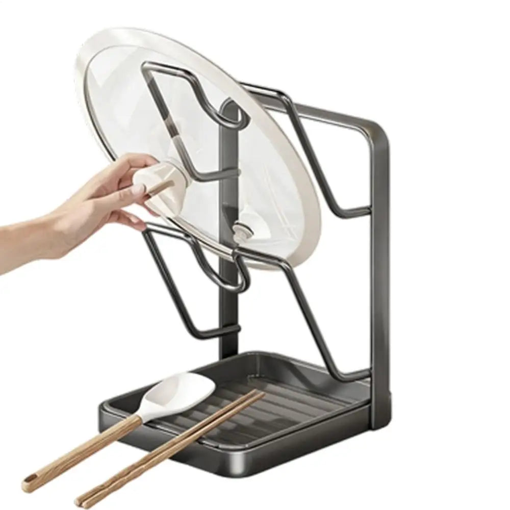 Kitchen Pot Lid Rack No Drill Pot Lid Organizer Kitchen Space Saving Countertop Organizer Rack with Drainage Tray Storage Rack