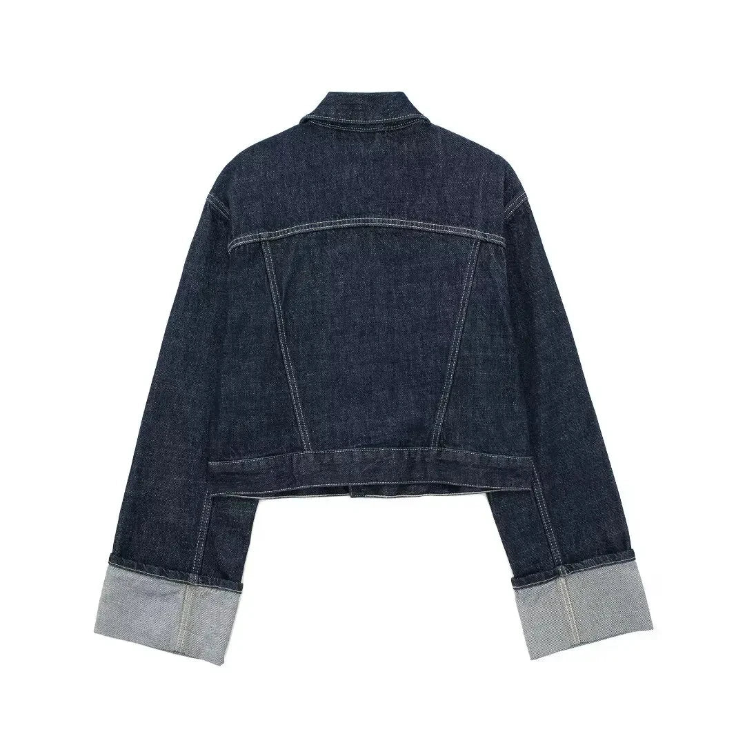 HH Women Fashion Denim Set Casual Lapel Long Sleeve Crop Jacket Buttons Female Vintage Wide Leg Loose Jeans Long Pants