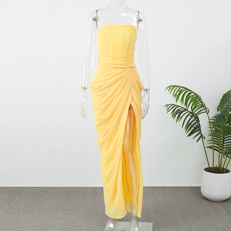 Elegant Yellow Strapless Pleated Long Dress Women Chic Solid Sleeveless Waist Cinching Split Gown 2026 Lady Evening Party Robes
