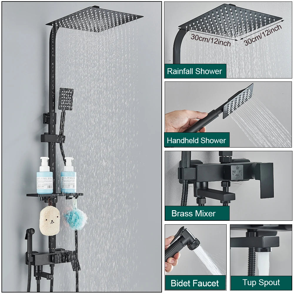 Shower Faucet Set Rainfall 3/4-ways Bathtub Tap With Bathroom Shelf Height Adjust Brass Mixer Crane Hot Cold Water Systems