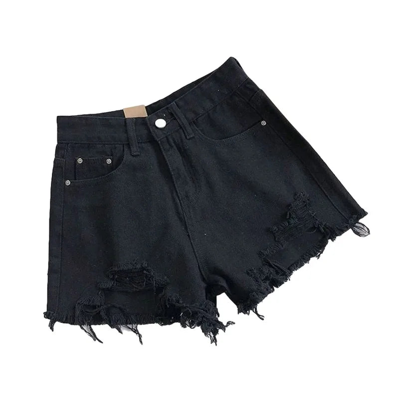 Women High Waist Ripped Denim Shorts Korean Y2K Streetwear Tassel Pocket Summer Casual Blue Jeans Pants Fashion Street Trousers