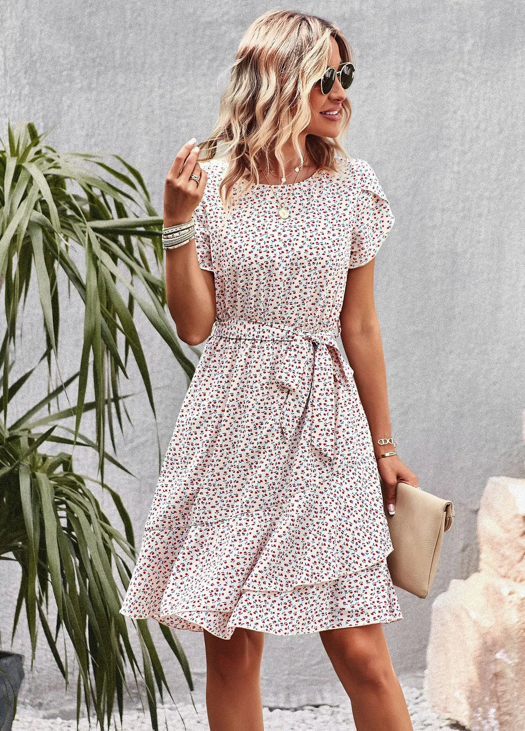 Msfilia Fashion O Neck Casual Printd Dress Women Summer Strap High Waist Pleated Dresses For Female