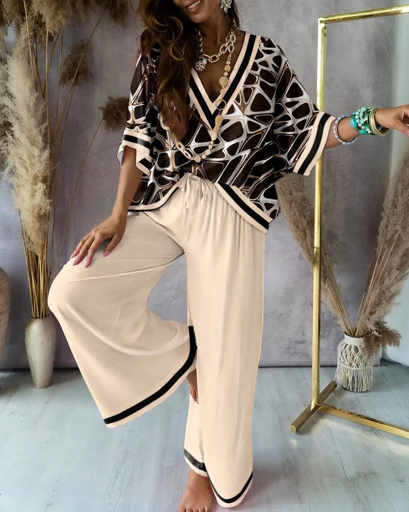 Sexy V Neck Batwing Sleeve Shirt Pants Sets For Women Spring Summer Fashion Print Blouse Trousers Two Piece Sets Femme Outfits