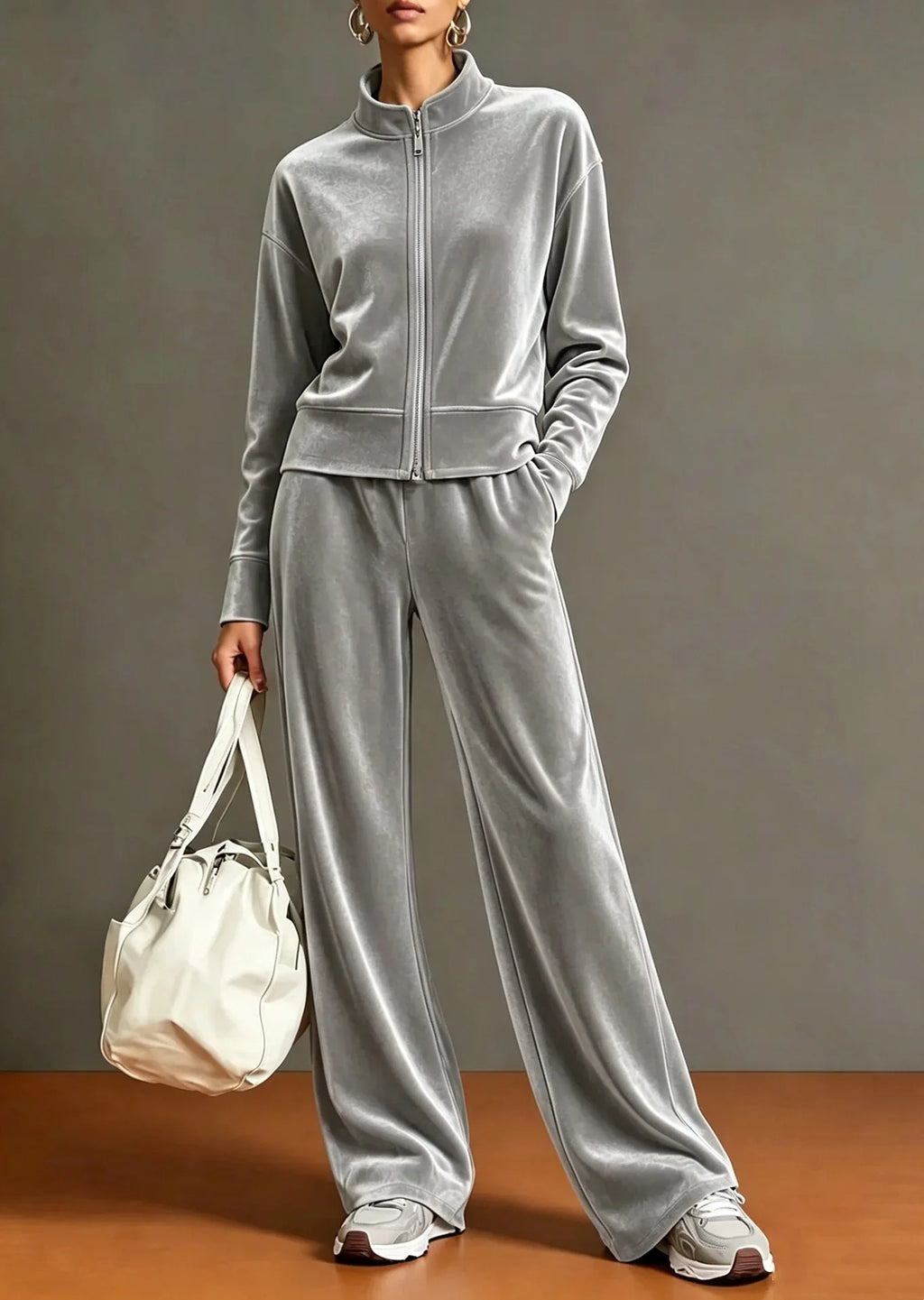 Women Solid Color Velvet 2 Piece Set Stand Collar Full Zip Jacket Wide Leg Pant Casual Sport Matching Outfit Autumn Winter Set