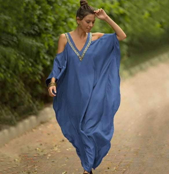 SuperAen Beach Blouse Solid Spaghetti Strap Embroidered Cotton Holiday Robe Bikini Sunscreen Shirt Loose Dress Women