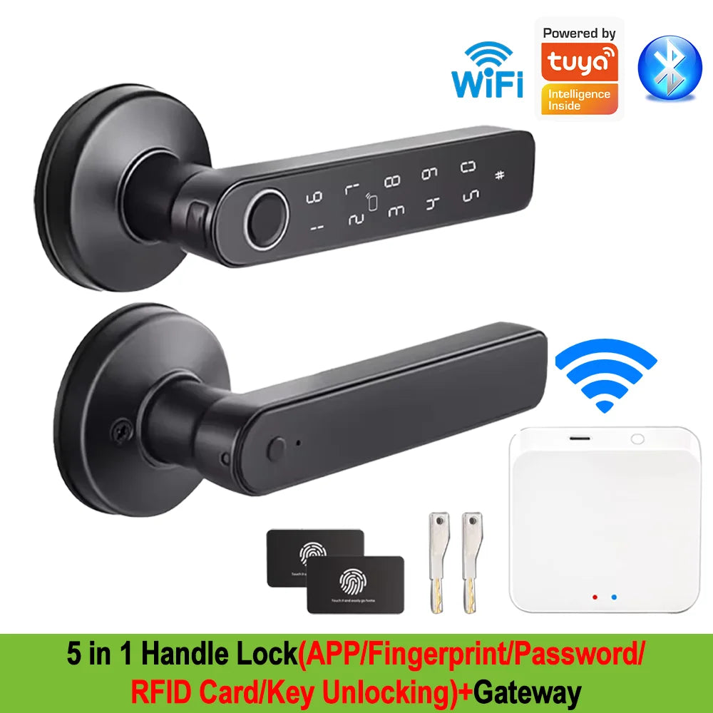 Work with Tuya App Bluetooth Smart Fingerprint Door Lock Password Mechanical Key NFC Unlocking For Wooden Door Handle Lock IP65