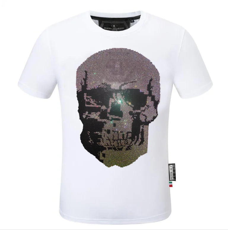 2025 Summer New Luxury Men's Fashion Skull Design Rhinestones T-Shirt Pure Cotton Crew-Neck Casual High Quality