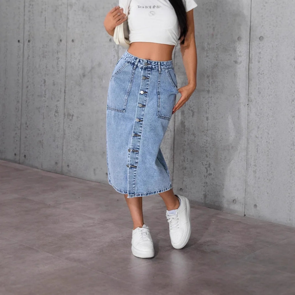 Tight Elastic Medium and Long Denim Slim Bottom Knee Split One Step Hip Wrap Skirt