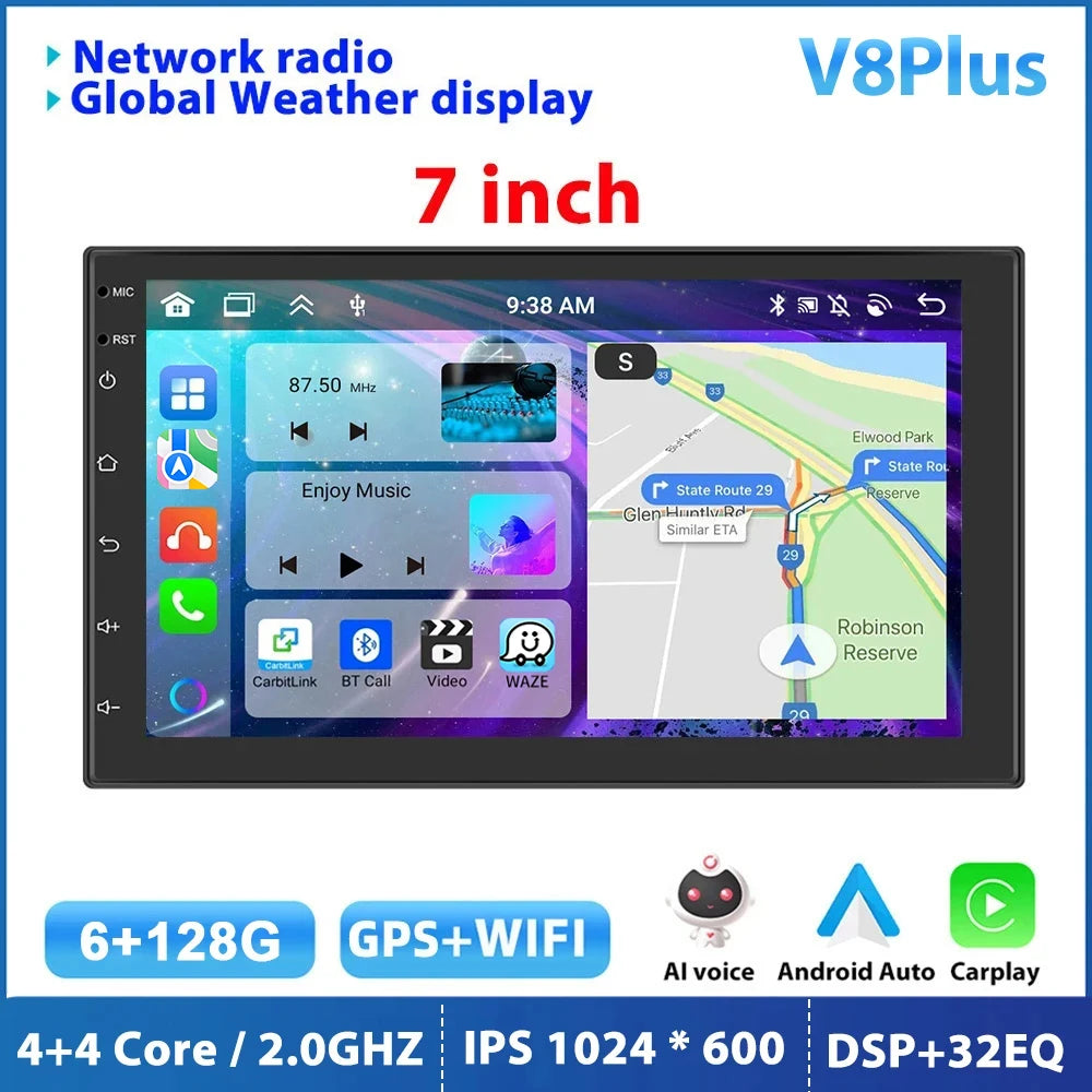 Podofo Android 12 Car Radio Androidauto Carplay 2 Din GPS Car Audio 7"/9"/10" WIFI BT Automotive Multimedia Player For VW Ford