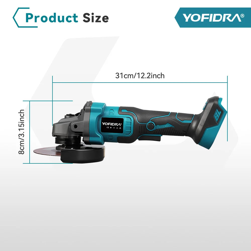 YOFIDRA 125mm Brushless Angle Grinder 3 Gears Cordless Grinding Machine Cutting Woodworking Power Tool For Makita Battery Pin