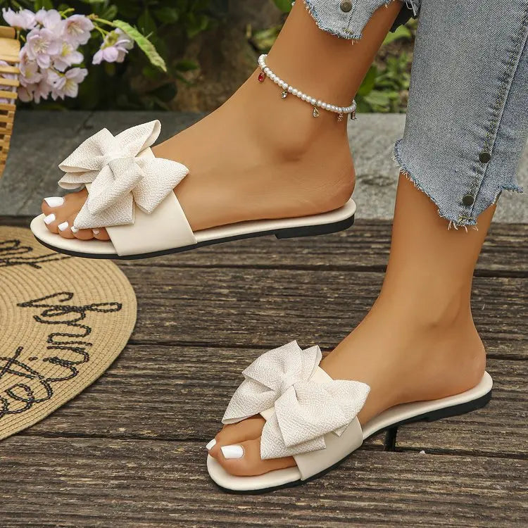 Womens Slip on Flat Sandals Big Bowknot Wide Strap Slides Mules Open Toe Casual Sweet Summer Beach Comfort Daily Walking Shoes