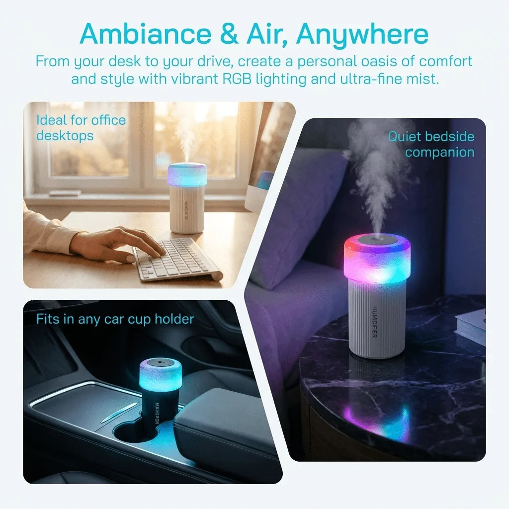 USB Portable Ultrasonic Humidifier, RGB Marquee Ambient Night Light, Silent Fine Mist Humidifier for Home Car Dorm