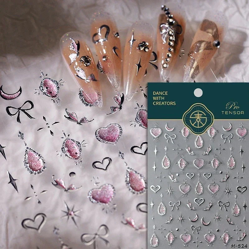 5D Gradient Love Gem Glitter Love Heart Colorful Cat's Eye Rhinestone Soft Self Adhesive Nail Art Stickers Shiny Manicure Decals
