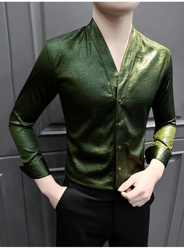 High-End Casual Shirts Men 2025 Spring British Style Slim Fit V-neck Shirt Long Sleeve Business Social Wear Men Clothing