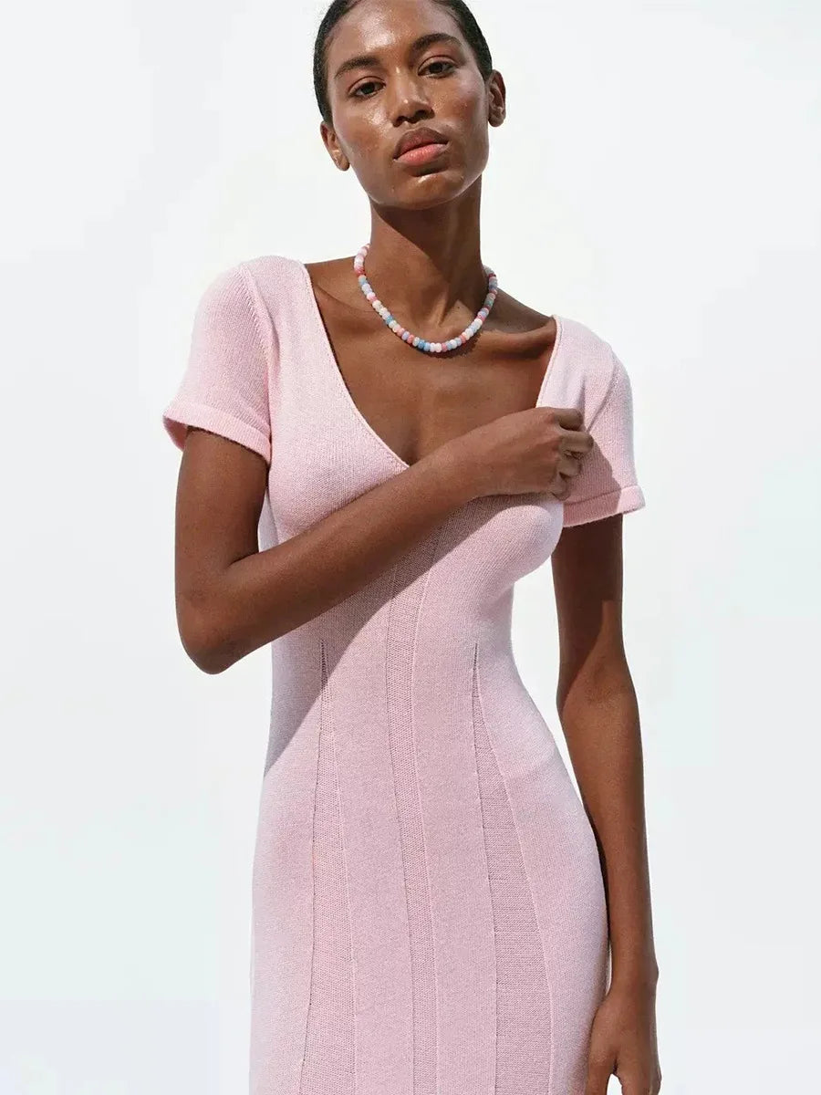 TARUXY Spring Summer Short-Sleeved Knitted Dress Women Solid V-Neck Slit Long Dress Slim Sexy Commuting Leisure Dress Female New