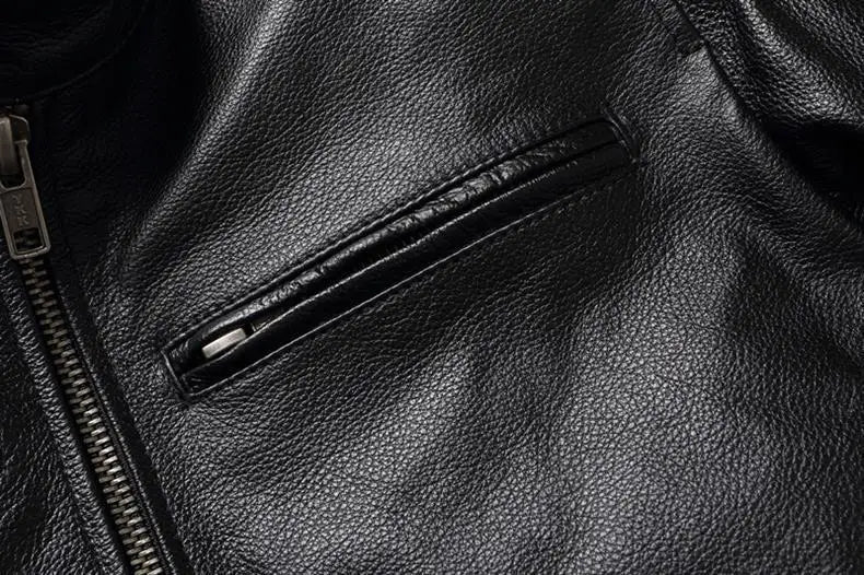 New Vintage Black Leather Jacket Natural Cowhide Men Motorcycle Biker Coat Mens Slim Calf Skin Coat