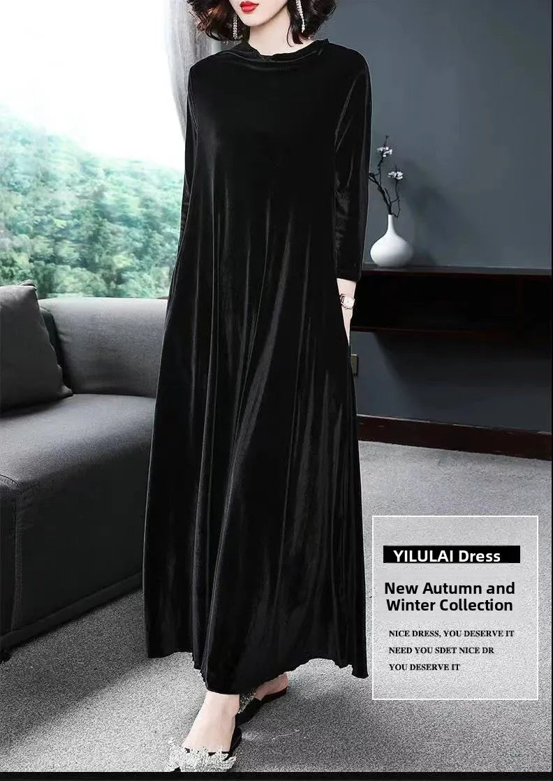 Ele Velvet Long Sve Dr Faionable Autumn 2024 Women's Slimming Gown Princ Sve A-Line Midi Dr Pure Color