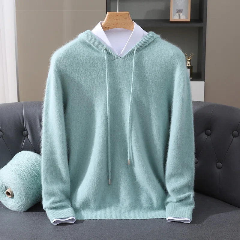 2025 Autumn Winter Hooded Collar Mink Cashmere Knitted Sweater Men's Drawstring Pullover High-End Thick Casual Sweater Loose Fit