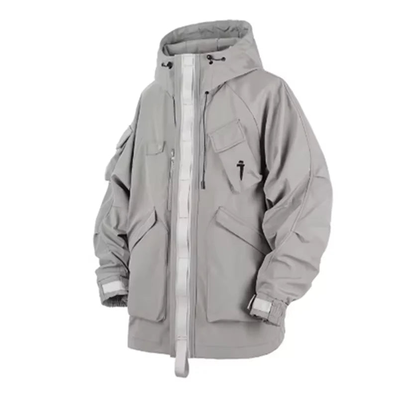 Spring New 2025 Outdoor Hardshell Jacket Men's Loose Punk Style High Street Stand Collar Hooded Coat Fashion Personality Top
