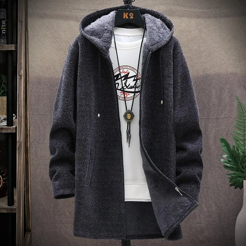 KIDWHXR 2026 Autumn Winter Men Fleece Cardigan Jacket Thicken Windproof Man Hooded Coat Mid Length Long Sleeve Male Sweater