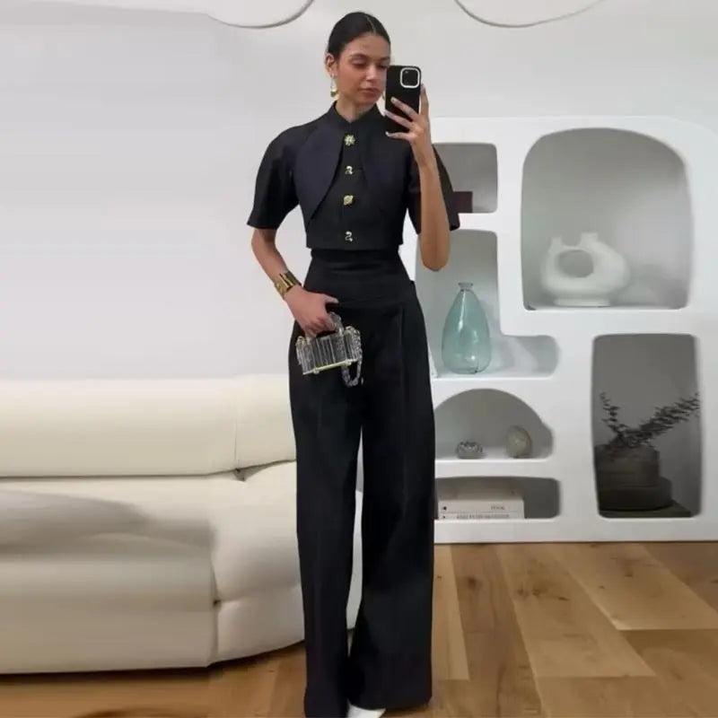 Street Denim Top Pants Women Set Short Sleeve Stand Collar Coats Wide Leg Trousers 2026 Summer Autumn 2 Pieces Set Women New