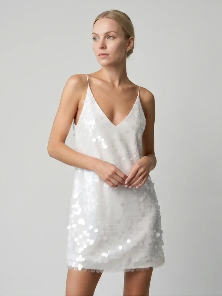 2026 Women White Sequins Mini Dress Sexy Deep V-neck Spaghetti Strap Loose Vestido New Fashion Summer Club Party Evening Dresses