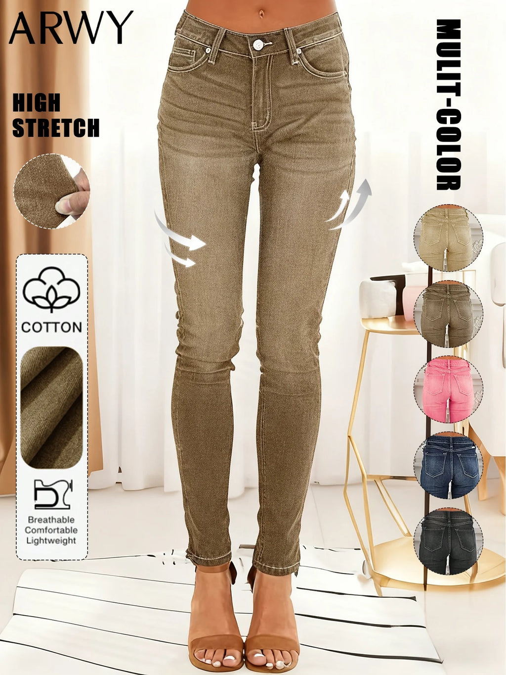 Women's Fashionable Elegant Casual Versatile Washed Cat's Whisker Pattern Skinny Fit Denim Jeans for Daily Wear