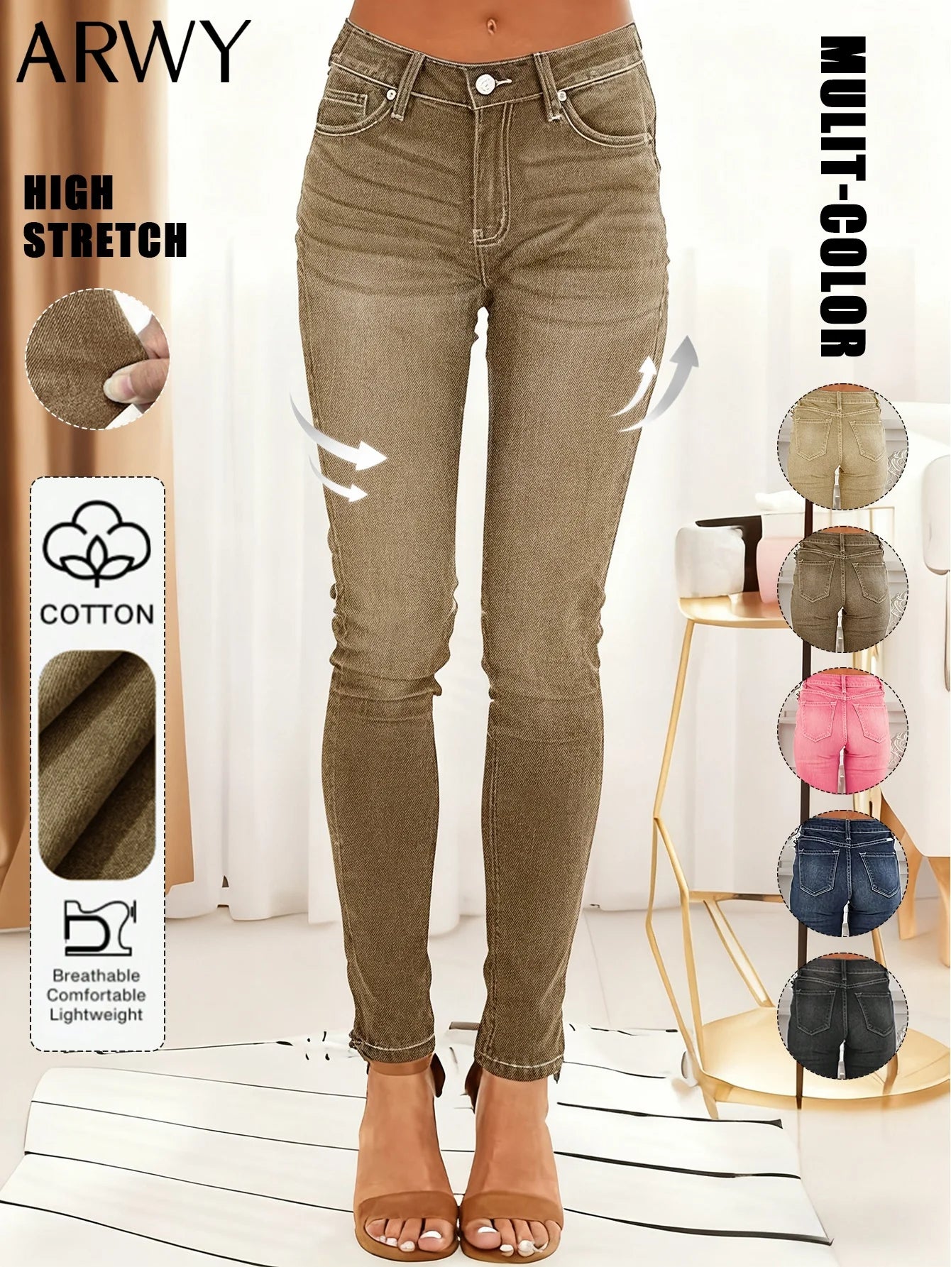 Women's Fashionable Elegant Casual Versatile Washed Cat's Whisker Pattern Skinny Fit Denim Jeans for Daily Wear