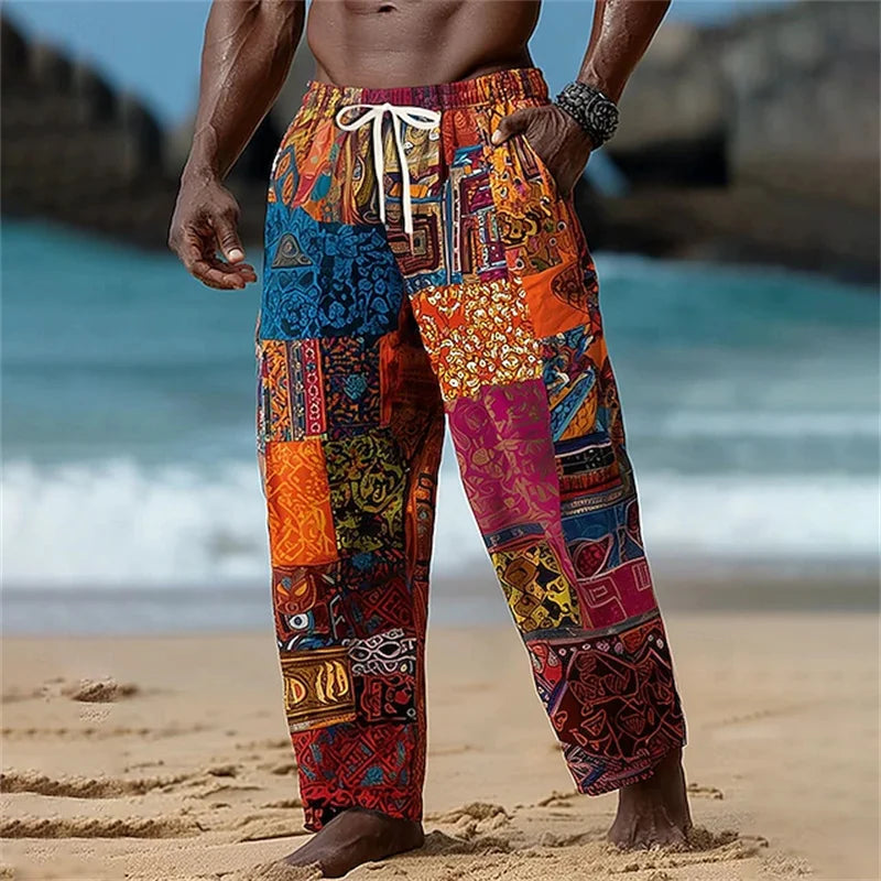 Summer Men's Beach Shorts Relaxed Fit Drawstring Casual Pants 3D Printed Geometric Pattern Breathable Wide-Leg Pants