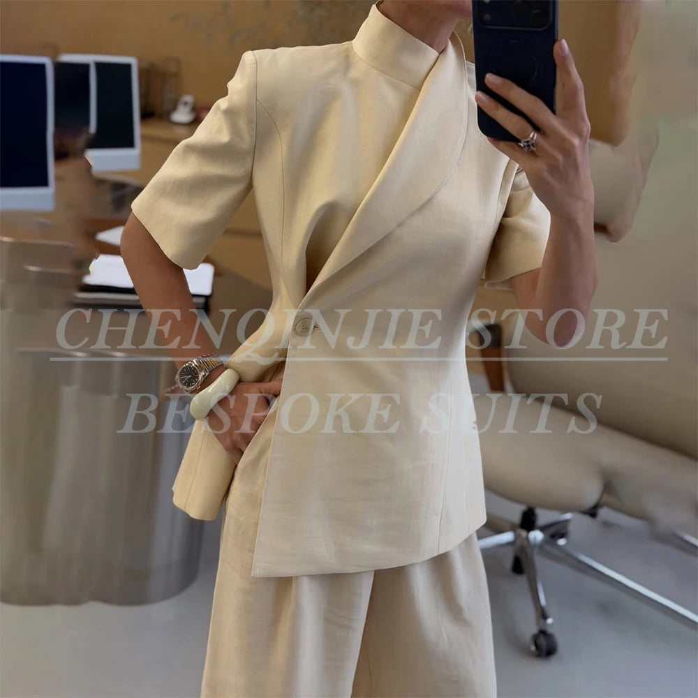 Short Sleeve Women's Suits Summer One-Button Slim Fit Pleat Blazer High Quality 2 Piece Jacket Pants Sets Office Lady Coat