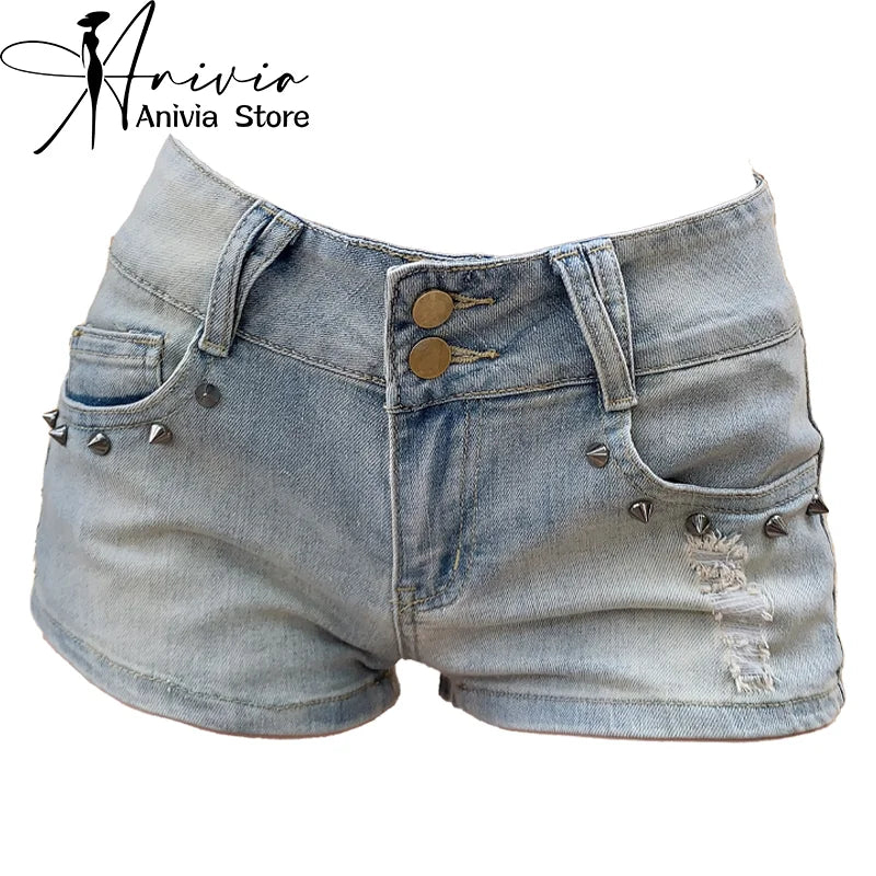 Women's Blue Denim Shorts Y2K American High Street Harajuku Aesthetic 2000s Style Sexy 90S Retro Jeans Shorts Clothing 2025 New
