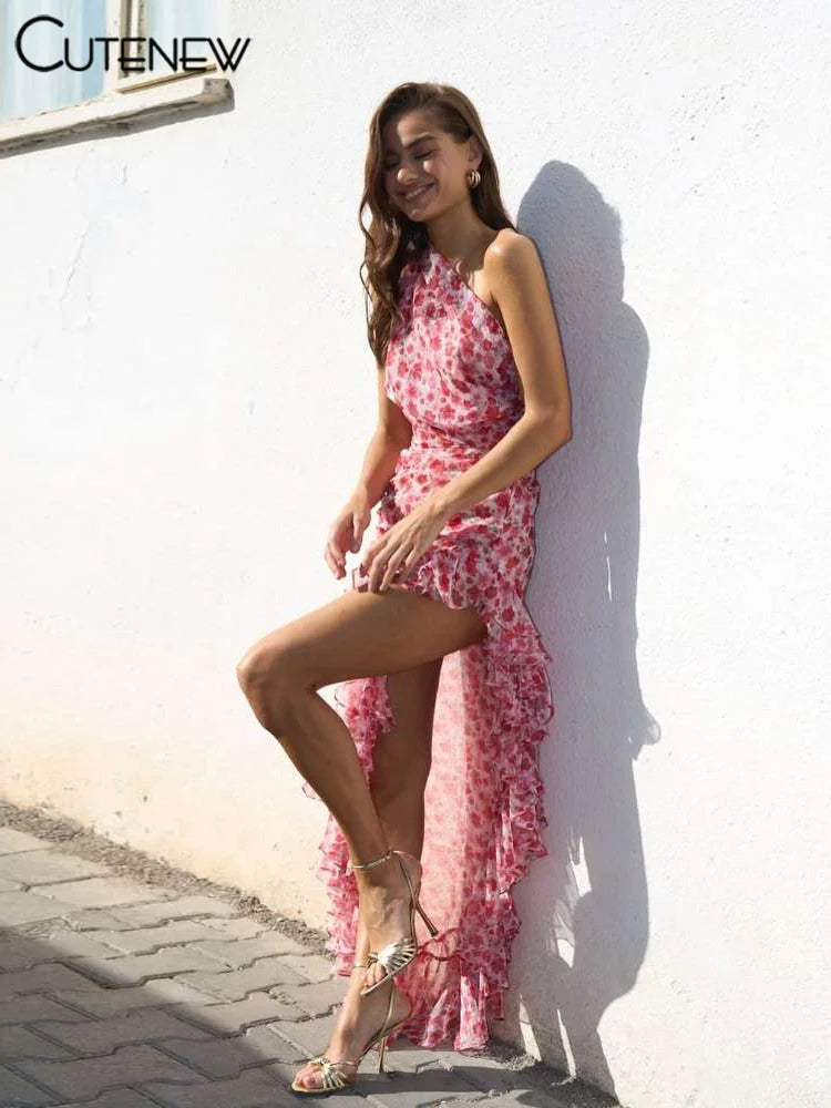Cutenew Floral Print Women Midi Dresses Fashion Incline Shoulder Bandage Ruffle Splited Vestidos Female Vacation Street Bodycon