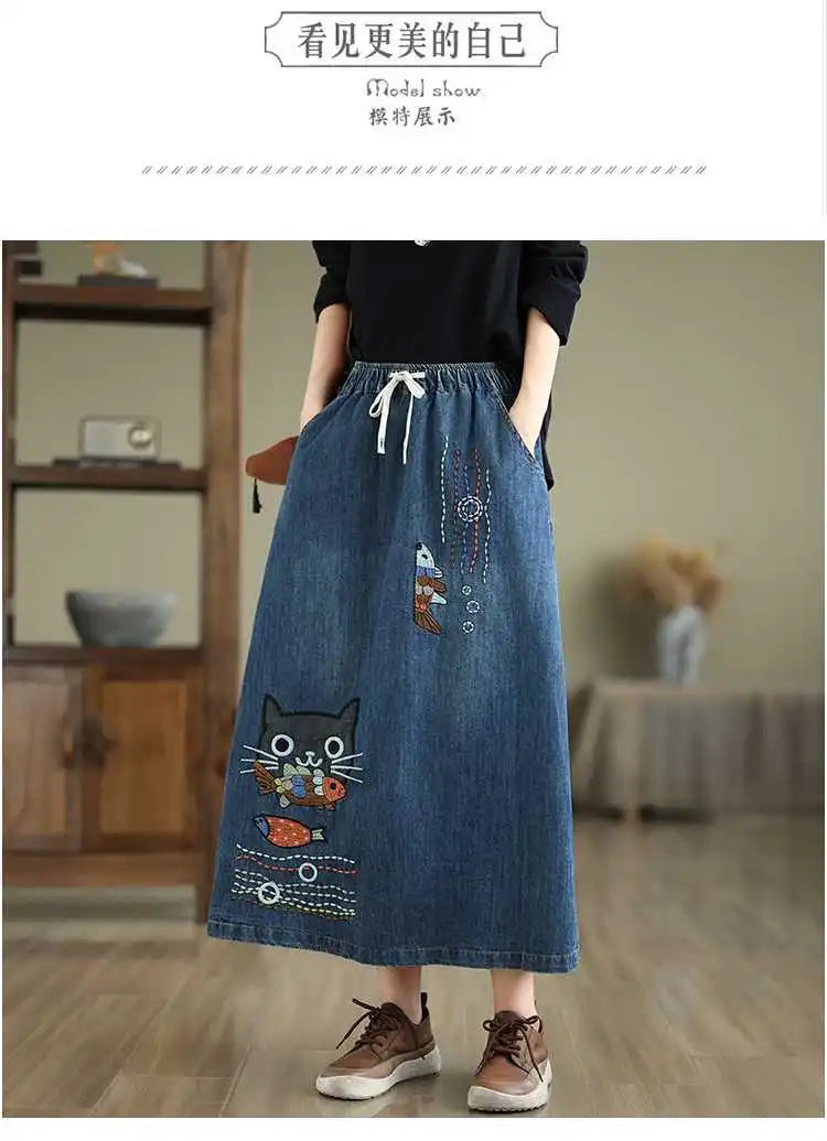 2026 Women's Denim Skirts Retro Cartoon Animal Embroidery Casual Half Skirts Spring Summer High Waist Fashion Loose Midi Skirts