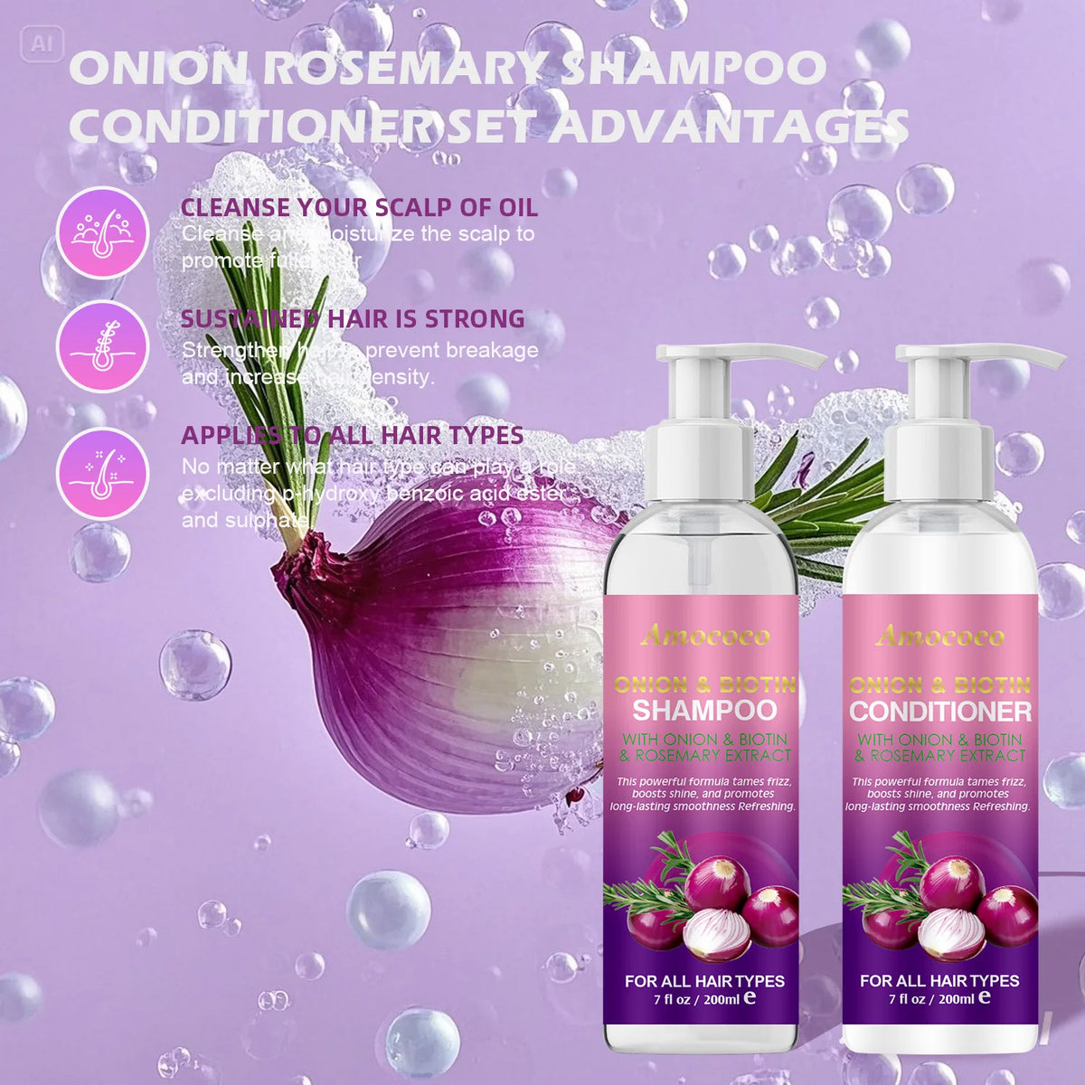 Amococo 2pcs X 200ml Shampoo and Conditioner Set with Onion Biotin Rosemary Hair Care Duo for All Hair Types Frizz Control Shine Boosting Sulfate Free