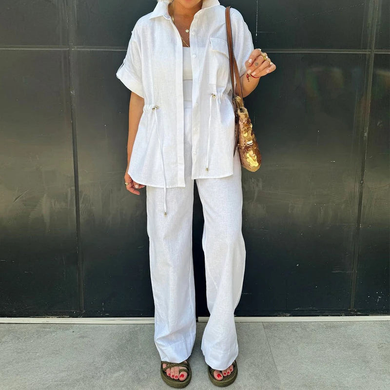 Casual Drawstring Shirt Pants Set Women Lapel Button Short Sleeve Pocket Loose Top Wide Leg Pants 2025 Chic Summer Women's Suit