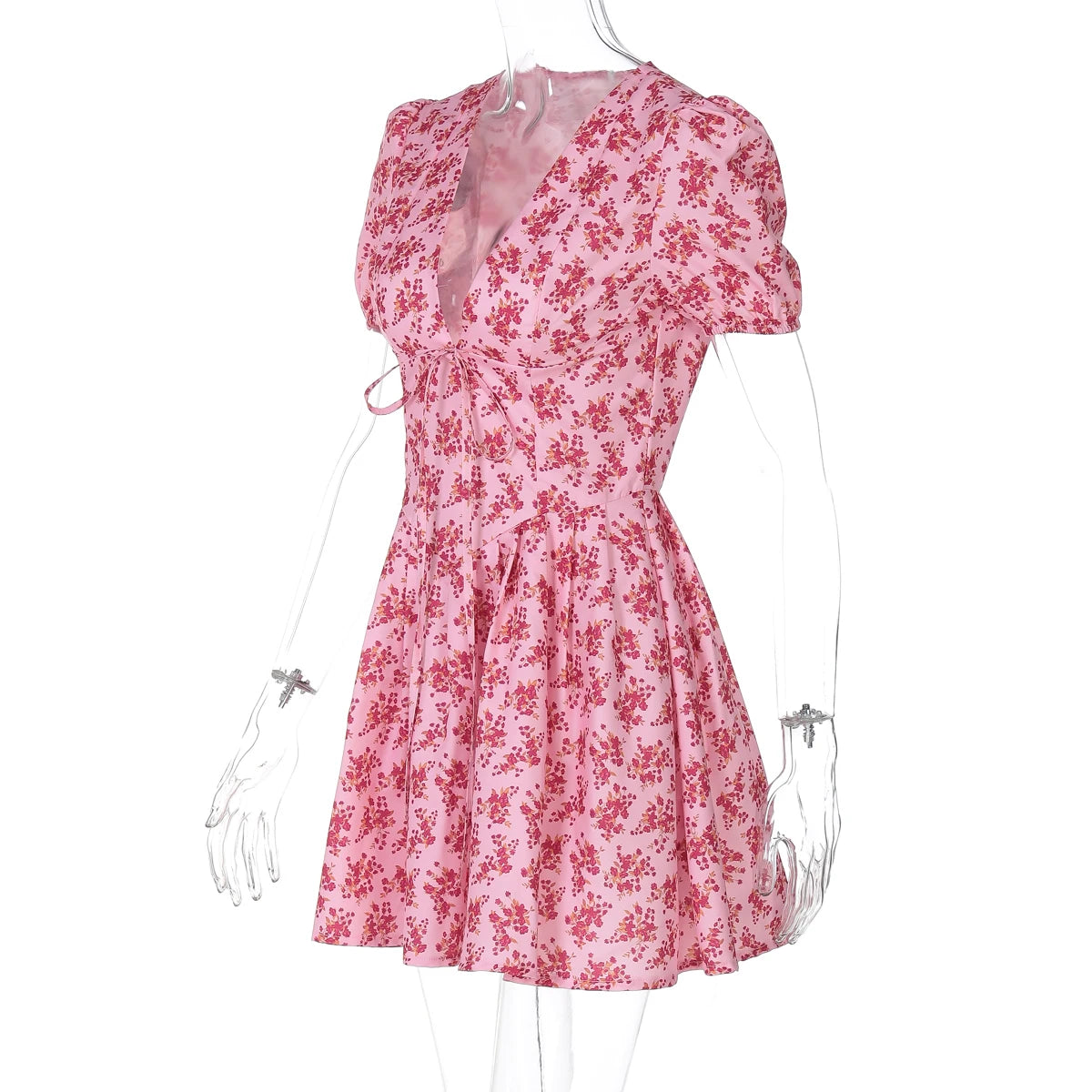 Hugcitar 2026 Floral Print V Neck Short Sleeve Lace Up Zip Up Sexy Slim Pleated Mini Dress Summer Elegant Outfits Party Vacation