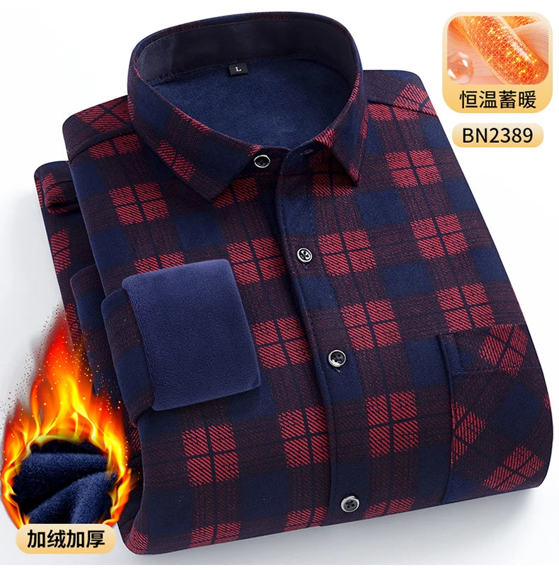 Men's Warm Long-Sleeved Shirt with Double-Sided Fleece, Winter Casual, Cold-Resistant, Street Fashion, Comfortable and Versatile