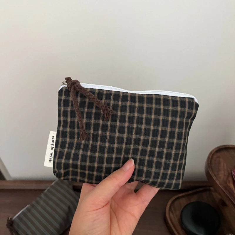 Retro Plaid Women Mini Makeup Bag Coin Purse Zipper Small Pouch Portable Female Lipstick Cosmetic Organizer Storage Bag