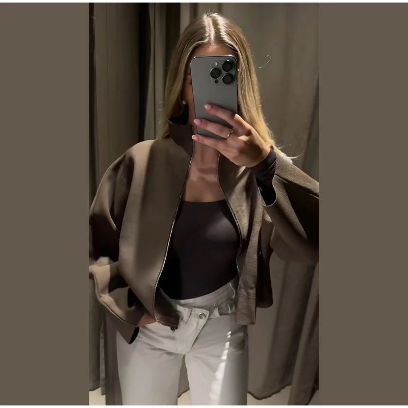 Elegant Knitted Zipper Women's Sweater Solid Full Sleeve Stand Collar Loose Open Stitch Female 2026 Fashion Autumn Outwear Lady
