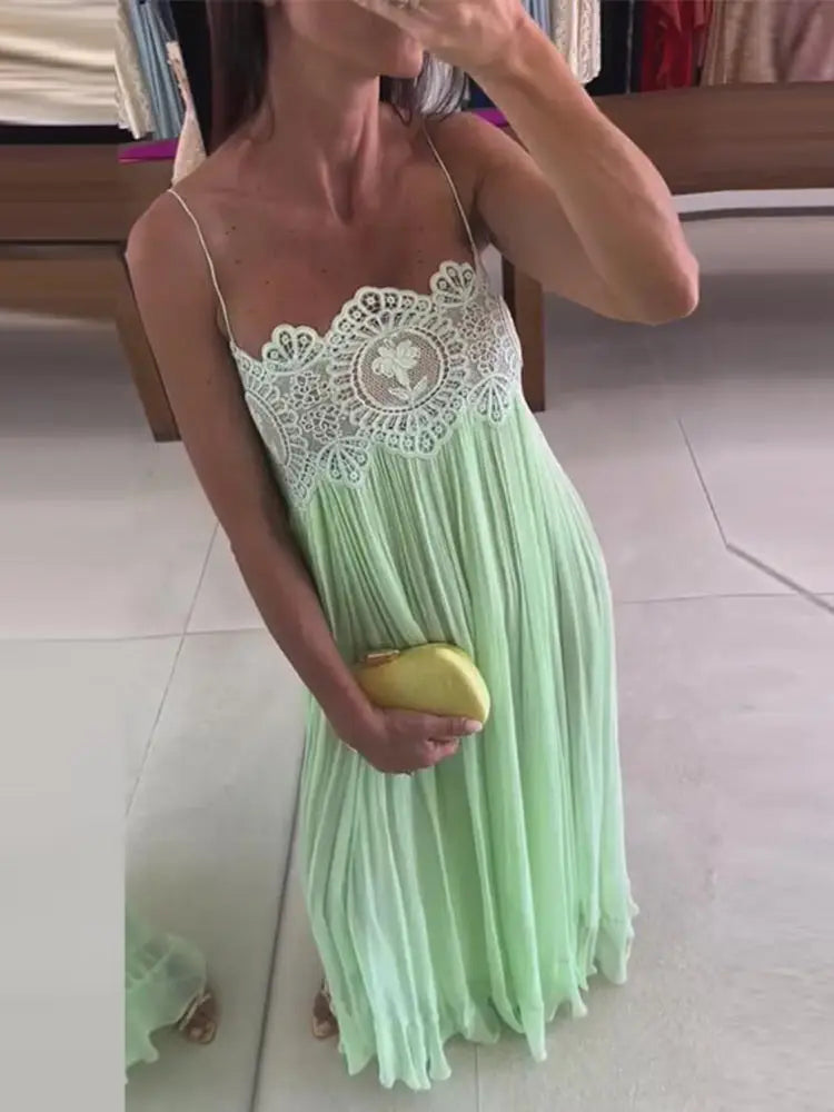 Lace Patchwork Pleated Slip Long Dress Women Sexy Spaghetti Strap Sleeveless Backless Loose Evening Dresses Chic Ladies Vestidos