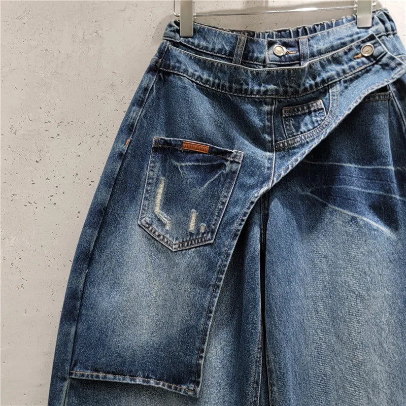 2026 New Autumn Bootcut Jeans for Women All-match High Waist Faux Two-piece Patchwork Floor-length Straight Casual Denim Pants