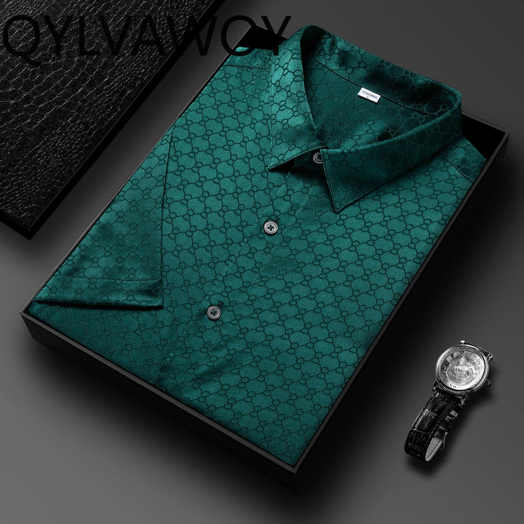 QYLVAWOY New Men's Shirts Summer Tops 92% Real Mulberry Silk Shirts Lapel Short Sleeve Stylish Clothes for Man Business Casual