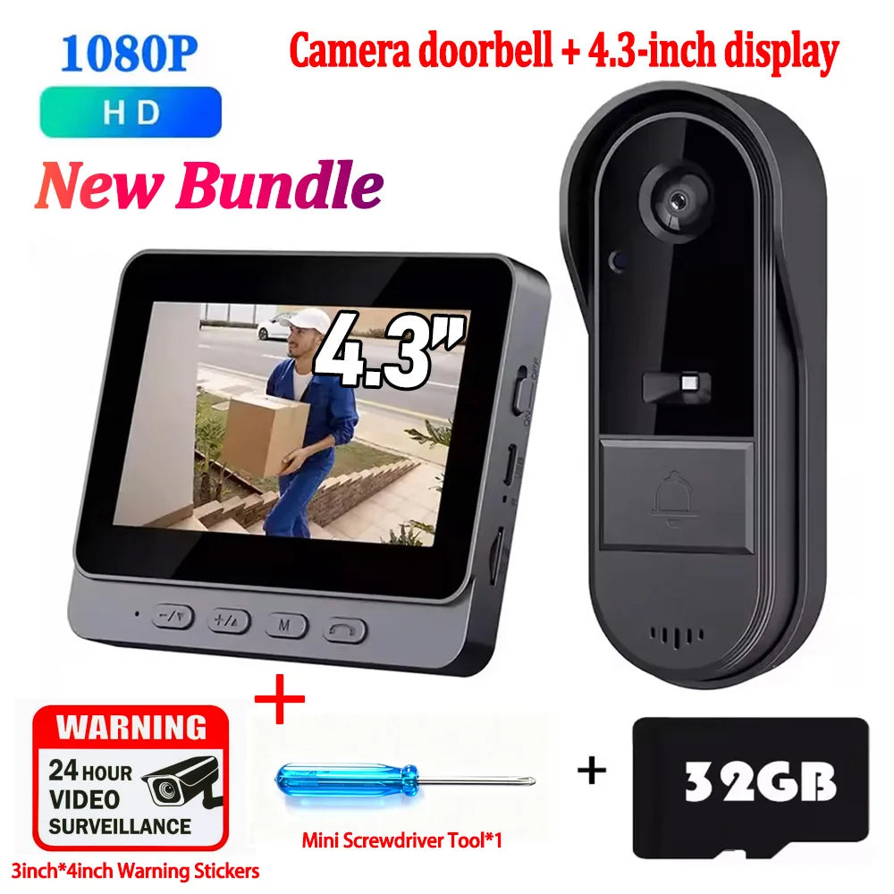 Wireless Wifi Doorbell Camera 1080P Video Intercom Doorbell Waterproof 4.3in IPS Screen Home Security Door Bell IR Night Vision
